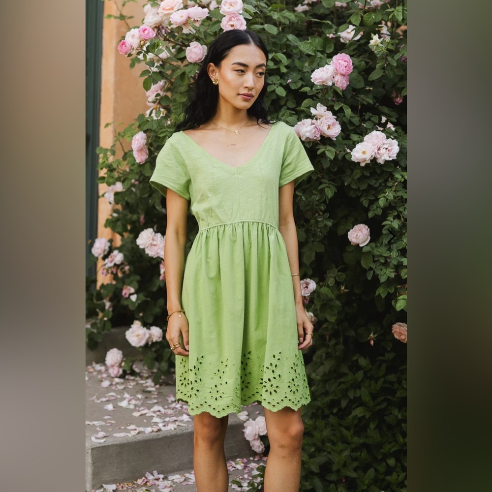 NWT Bohme Aria Eyelet Lace Fairy Garden Green Cotton Babydoll mini Dress medium